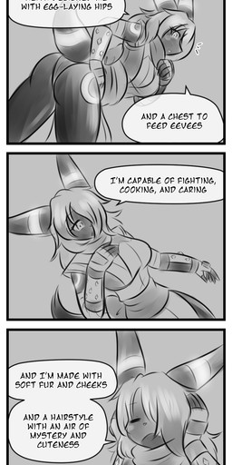 anthro anthrofied bodily_fluids chibi dialogue dialogue_box eyes_closed female hair hand_on_head long_hair markings one_eye_obstructed open_mouth pokemorph ring_(marking) sad solo tears text tetsushi nintendo pokemon fan_character seele_koch eeveelution generation_2_pokemon pokemon_(species) umbreon comic english_text greyscale hi_res monochrome