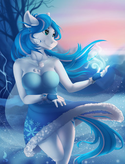 5_fingers anthro blue_eyes blue_hair breasts clothed clothing cutie_mark day detailed_background dress eyelashes female fingers fur hair outside sky smile solo standing sun white_body white_fur wide_hips silentwulv hasbro my_little_pony fan_character equid mammal hi_res