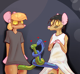 anthro black_clothing black_hair blonde_hair blue_body blush breasts brown_body clothing duo genitals green_body gynomorph hair heart_symbol intersex kissing living_penis looking_aside male penis penis_snake simple_background surprised unusual_anatomy unusual_genitalia unusual_penis white_clothing nerdawaykid mammal reptile rodent scalie snake 2025 digital_media_(artwork) hi_res trans_(lore) trans_woman_(lore)