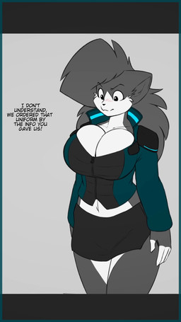angry anthro big_breasts big_hair black_eyes blush bottomwear breasts cleavage cleavage_overflow clothed clothing countershading curvy_figure describing_fit female fluffy fluffy_hair fur grey_body grey_fur hair hourglass_figure huge_breasts implied_breast_expansion jacket long_hair looking_down midriff miniskirt skirt solo text tight_clothing topwear uniform unzipped wide_hipped_anthro wide_hipped_female wide_hips zipper d.generator hexteknik noki_(hexteknik) domestic_cat felid feline felis mammal 2026 animated english_text hi_res short_playtime video