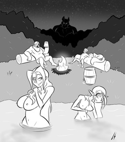 after_sex anthro campfire camping female group lake male male/female night voyeur lord_sarloc pukijr drunken_tales mythology ambra_(drunken_tales) emma_(drunken_tales) gallus_(drunken_tales) khangi_(drunken_tales) swordbeard_(drunken_tales) canid canine domestic_cat elf felid feline felis human humanoid mammal mythological_canine mythological_creature werecanid werecanine werecreature werewolf hi_res monochrome