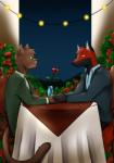 chair classy clothed clothing date dinner duo eye_contact eyewear flower furniture glasses hand_holding looking_at_another male male/male petals plant rose_(flower) rose_petals sitting table bluetoxic blaze_wolf jesse_cat canid canine canis domestic_cat felid feline felis mammal wolf