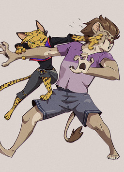 3_toes action_pose anthro attack barefoot black_pawpads bottomwear brown_body brown_fur brown_hair claws clothing denim denim_bottomwear denim_clothing duo ear_piercing ear_ring eyes_closed face_squish facial_markings feet female female_anthro finger_claws fur grapple green_eyes hair half-closed_eyes head_markings holding_another jeans jersey long_sleeves long_tail looking_at_another male male_anthro mane markings motion_blur motion_lines muscular muscular_male narrowed_eyes pants pawpads paws piercing pointy_ears pose ring_piercing round_ears shirt shorts simple_background spots spotted_body spotted_fur spread_toes squish stepping_on_another striped_markings stripes tail toe_claws toes topwear torn_bottomwear torn_clothing torn_jeans torn_pants yellow_body yellow_fur ruffu pepper_in_the_sandbox pepper_(ruffu) unnamed_character felid feline lion mammal pantherine serval 2025 colored detailed digital_drawing_(artwork) digital_media_(artwork) shaded