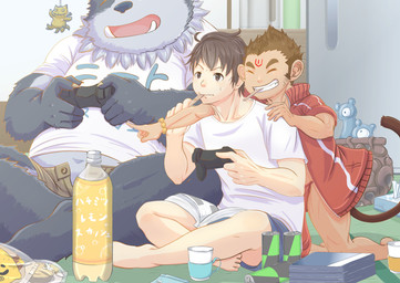 anthro controller game_controller gaming group male playing_video_game rust_(pixiv) lifewonders tokyo_afterschool_summoners hanuman_(tas) protagonist_(tas) tsathoggua_(tas) twink_protagonist_(tas) haplorhine mammal monkey primate absurd_res hi_res