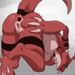 anthro anus bodily_fluids breasts butt feet_together female gaping gaping_anus genital_fluids genitals looking_at_viewer nipples non-mammal_breasts nude open_mouth presenting pussy saliva semi-anthro simple_background solo tongue tongue_out vaginal_fluids dragontherapist bandai_namco digimon digimon_(species) guilmon scalie 1:1