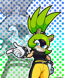 anthro belt black_clothing black_shirt black_topwear blue_eyes bottomwear bracelet clothing ear_piercing ear_ring eyelashes facial_markings female fur gloves green_body green_fur hair handwear head_markings jewelry markings pants pattern_background piercing ponytail ring ring_piercing sharp_teeth shirt simple_background sleeveless_shirt smile solo studded_bracelet studded_jewelry studs tan_body tan_fur teeth topwear white_clothing white_gloves white_handwear yellow_bottomwear yellow_clothing yellow_pants chonzo idw_publishing sega sonic_the_hedgehog_(comics) sonic_the_hedgehog_(idw) sonic_the_hedgehog_(series) surge_the_tenrec afrosoricid mammal tenrec hi_res