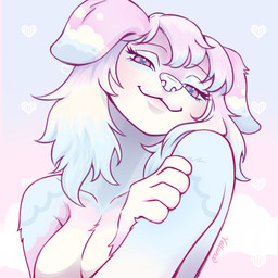 anthro breasts female floppy_ears hair lidded_eyes long_hair multicolored_body smile smiling_at_viewer solo vellunaart canid canine canis domestic_dog mammal absurd_res hi_res pastel_theme restricted_palette signature