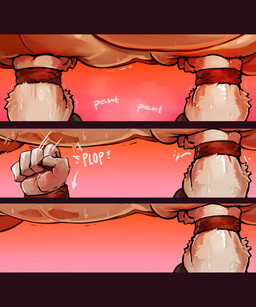 5_fingers ambiguous_form ambiguous_gender anthro black_body black_claws black_fur black_pawpads bodily_fluids bracelet claws directional_arrow duo fingerpads fingers fist fur jewelry large_comic motion_lines onomatopoeia orange_body pawpads red_background simple_background sound_effects sweat tan_body text tremble_lines tremble_spikes white_body white_fur waddledox nintendo the_legend_of_zelda link_(wolf_form) canid canine canis dodongo mammal wolf 2024 5:6 absurd_res comic digital_drawing_(artwork) digital_media_(artwork) hi_res letterbox male_(lore)