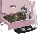 ambiguous_gender anthro bathtub blush can clothes_on_floor clothing clothing_on_floor container excessive_feces feces feces_bath footwear hair long_hair mud nude socks solo underwear goldenhammer canid canine canis hybrid mammal hi_res