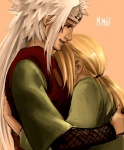 asian_clothing blonde_hair clothing duo east_asian_clothing female forehead_protector hair hug human_only japanese_clothing kimono long_hair male male/female not_furry ponytail romantic romantic_couple side_view simple_background size_difference smile white_hair northernbanshee naruto naruto_(series) jiraiya_(naruto) tsunade human mammal grandfathered_content