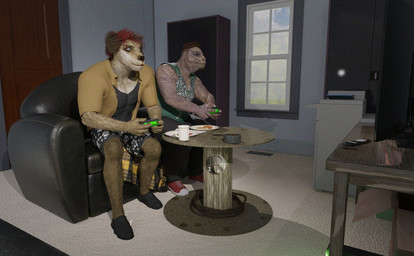 anthro controller duo duo_focus electronics furniture game_console group husky_retriever_mix inside male sofa spool storage_room perturbedmania zander_murphy canid canine canis domestic_dog lizard mammal reptile scalie 3d_(artwork) daz_studio_(artwork) digital_media_(artwork) hi_res