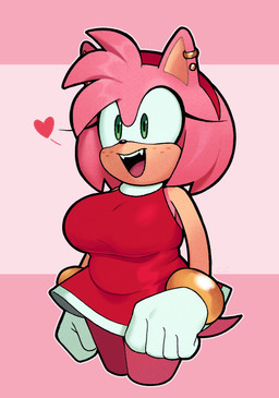 accessory anthro belly big_breasts biped breasts clothed clothing dress ear_piercing ear_ring ear_stud eyelashes fangs female freckled_face freckles fur green_eyes hair headband heart_symbol open_mouth open_smile piercing pink_background pink_body pink_fur pink_hair ring_piercing short_dress simple_background slightly_chubby slightly_chubby_anthro slightly_chubby_female smile solo standing tail teeth tight_clothing champchidi sega sonic_the_hedgehog_(series) amy_rose eulipotyphlan hedgehog mammal hi_res portrait three-quarter_portrait