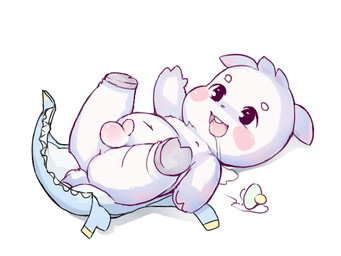 anthro balls blush bodily_fluids butt clean_diaper clothing diaper drooling fur genitals hooves legs_up lying male neonate nude on_back open_diaper open_mouth pacifier penis saliva shota simple_background solo tongue white_background young young_anthro churoe bovid caprine goat mammal