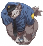 anthro biped black_nose briefs clothed clothing erection fingers foreskin fur genitals grey_body grey_fur grin hat headgear headwear humanoid_genitalia humanoid_penis looking_at_viewer male necktie open_mouth partially_clothed partially_retracted_foreskin penis police police_officer police_uniform shirt simple_background smile solo teeth topwear underwear underwear_down undressing uniform vein veiny_penis white_background analon_(artist) wolfalon_(analon) canid canine canis mammal wolf 2014 digital_media_(artwork)