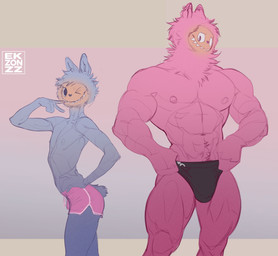 anthro arched_back bottomwear broad_shoulders clothed clothing duo gesture hand_gesture hand_on_hip male male/male muscular shorts skinny slim small_waist topless topless_male underwear v_sign ekzonzz pop_mart the_monsters_(kasing_lung) labubu hi_res
