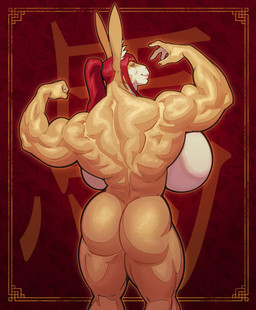 anthro back_boob back_muscles big_breasts breasts broad_shoulders brown_body butt female flexing flexing_bicep flexing_both_biceps hair huge_breasts muscular muscular_female nude nude_anthro ponytail rear_view red_hair smile solo text boosterpang chinese_zodiac year_of_the_horse benji_(bng) equid equine mammal 2026 hi_res translated busty_boy_(lore)