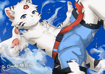 anthro belt blue_eyes bottomwear chest_tuft clothed clothing fur gesture hand_gesture hand_pawpads kemono looking_at_viewer male navel pointing shorts solo striped_body striped_fur stripes topless topless_male torn_clothing tuft water white_body white_fur young young_anthro young_male kitune1tu felid mammal 2024 hi_res
