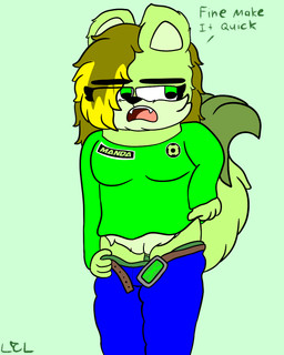 anthro artist blonde_hair bottomwear bottomwear_down breasts clothed clothing clothing_lift female fur genitals green_body green_eyes green_fur hair pants pants_down partially_clothed removing_pants shirt shirt_lift shirt_up solo standing topwear vulva lapiscrowlime manda_(character) canid canine fox mammal 4:5 digital_drawing_(artwork) digital_media_(artwork) hi_res