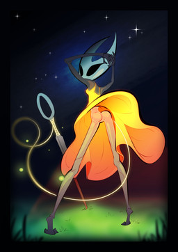 anthro black_body black_eyes butt clothed clothing dress featureless_crotch female hands_behind_head horn looking_back night no_underwear rear_view solo upskirt white_horn wind wind_lift yellow_clothing yellow_dress xu53r hollow_knight_(franchise) team_cherry hornet_(hollow_knight) arthropod humanoid insect 2022 absurd_res full-length_portrait hi_res portrait
