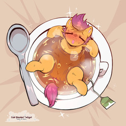 beverage blush cutlery eyes_closed female feral fur hair hooves kitchen_utensils micro open_mouth orange_body orange_fur purple_hair purple_tail quadruped solo spoon tail tea text tools wet cold-blooded-twilight friendship_is_magic hasbro my_little_pony scootaloo_(mlp) equid equine horse mammal pony 1:1 artist_name english_text hi_res