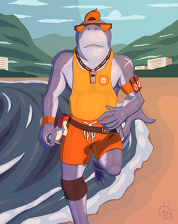 anthro beach belt building clock clothing cloud eyewear gills grey_body hat headgear headwear lifeguard male megaphone mountain sea sharp_teeth shirt solo sunglasses swimming_trunks swimwear tank_top teeth topwear watch water wave whistle_around_neck sacrificabominat epic_games fortnite safety_first_steve_(fortnite) fish marine shark absurd_res hi_res