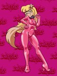 anthro bedroom_eyes blonde_hair clothing collar eyewear female footwear glasses hair high_heels latex latex_clothing latex_skinsuit logo narrowed_eyes pink_clothing rubber_clothing seductive shoes skinsuit solo tight_clothing tugging_collar bastianmage hanna-barbera swat_kats callie_briggs domestic_cat felid feline felis mammal 3:4 hi_res