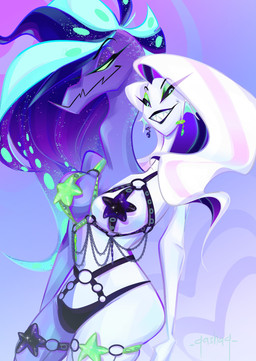 2_heads anthro black_sclera clothed clothing duo female female/female hair multi_head multicolored_body sharp_teeth simple_background skimpy teeth two_tone_body white_body white_hair qashaq hellaverse helluva_boss leviathan_(helluva_boss) animal_humanoid demon demon_humanoid humanoid marine marine_humanoid 1:1 absurd_res hi_res