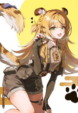 accessory animal_ears black_bottomwear black_clothing black_shorts blonde_hair bottomwear breasts claw_pose clothing collared_shirt cute_fangs dress_shirt fangs female female_humanoid fluffy_ears footprint furgonomics glistening glistening_hair green_eyes grey_dress_shirt hair heart_symbol jacket leaning leaning_forward long_hair medium_breasts open_mouth pawprint raised_tail ribbons shirt shorts solo sparkles striped_hair tail tail_accessory tail_ribbon teeth thigh_strap topwear two_tone_tail white_hair yellow_clothing yellow_jacket_(clothing) yellow_topwear junholee061020 mihoyo zenless_zone_zero ju_fufu animal_humanoid felid felid_humanoid humanoid mammal mammal_humanoid pantherine pantherine_humanoid thiren tiger_humanoid absurd_res hi_res