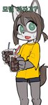 ambiguous_gender anthro bendy_straw beverage biped bodily_fluids brown_hair canid canine canis clothing cola cute_fangs drinking_straw ediblerabbit fluffy fluffy_tail green_eyes grey_body hair hi_res holding_object ice_cube korean_text mammal multicolored_body open_mouth shirt soda solo standing sweat tail text topwear translation_check translation_request white_body wolf yellow_clothing yellow_shirt yellow_topwear young young_anthro