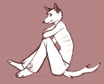 anthro bent_legs biped bottomwear clothed clothing denim denim_bottomwear denim_clothing emaciated jeans male pants partially_clothed pose simple_background sitting solo topless theowlette canid canine canis mammal wolf 2014 monochrome sketch