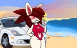 :3 anthro beach bikini breasts car cleavage cleavage_cutout clothed clothing cutout female gesture hair hair_over_face hand_gesture navel one-piece_swimsuit sea sunset swimwear two-piece_swimsuit v_sign vehicle water jaed toyota toyota_mr2 pecan_(jaed) lagomorph leporid mammal rabbit 16:10 absurd_res hi_res widescreen