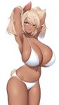 big_breasts bikini blonde_hair breasts cleavage clothed clothing female hair hands_behind_head huge_breasts one_eye_closed simple_background solo swimwear two-piece_swimsuit white_background wink suruga_(xsurugax) animal_humanoid humanoid absurd_res hi_res