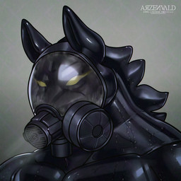 anthro black_body black_hair black_latex bodily_fluids breasts clothing ears_up gas_mask glare glistening glistening_body hair latex male mask muscular muscular_anthro muscular_male simple_background solo sweat visor wet wet_body wet_clothing yellow_eyes yellow_sclera archy- caou canid canine canis latex_creature living_latex mammal wolf 1:1 hi_res signature
