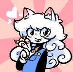 anthro clawdia_(newtypehero) clothed clothing curled_hair fangs felid feline female gesture grey_eyes hair hand_gesture heart_symbol inner_ear_fluff lightning_bolt long_hair low_res mammal newtype_hero newtypehero overalls pawpads radiating_background solo teeth tuft v_sign white_hair