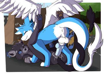 anal anthro balls bodily_fluids butt claws cum duo erection feathered_wings feathers fluffy fur genital_fluids genitals knot male male/male male_penetrated male_penetrating paws penetration penis sex tail wings noodletheartist mythology aero_(dragon) binturong dragon mammal mythological_creature mythological_scalie scalie viverrid absurd_res hi_res