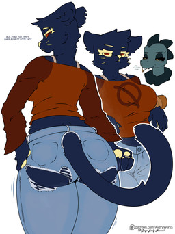 anthro big_breasts breasts cigarette clothed clothing duo female female/female fur midriff simple_background tail text avery-valentine night_in_the_woods bea_santello mae_borowski alligator alligatorid crocodile crocodilian domestic_cat felid feline felis mammal reptile scalie absurd_res digital_media_(artwork) english_text hi_res