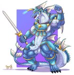 armor balls biceps blue_body blue_scales digitigrade fin genitals green_eyes headgear helmet holding_melee_weapon holding_object holding_sword holding_weapon humanoid_genitalia humanoid_penis male melee_weapon mostly_nude muscular penis quads scales simple_background solo sword tail tail_spines vein veiny_penis weapon white_body white_scales ougon konami mythology yu-gi-oh! gladiator_beast_vespasius aquatic_dragon dragon duel_monster gladiator_beast marine mythological_creature mythological_scalie scalie hi_res