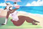 anthro beach blush breasts brown_body brown_fur bulge clothing fur genitals gynomorph hair intersex nipples one-piece_swimsuit penis public sea seaside smile solo swimwear water white_hair yellow_eyes shudayuda bovid caprine goat hybrid mammal absurd_res digital_media_(artwork) hi_res shaded