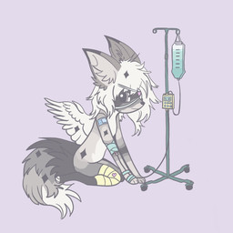 ambiguous_gender anthro band-aid bandage bandaged_arm bandaged_leg black_nose eye_patch eyewear fur grey_body grey_fur hair heart_symbol intravenous_bag intravenous_drip iv_bag iv_drip iv_line kneeling looking_at_viewer medical_instrument purple_background purple_eyes scientific_instrument simple_background smile solo white_hair wings ardawg geo_(arlo) angel canid canine canis hybrid mammal wolf 1:1 nonbinary_(lore)