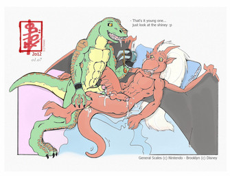after_sex anal anal_penetration anthro anthro_on_anthro armor balls bodily_fluids border bottomless bottomless_male butt clothed clothing confusion cum cum_inside cum_on_balls cum_on_body cum_on_penis dialogue drooling duo erection genital_fluids genitals green_body green_eyes hair horn hypnosis interspecies jewelry lying male male/male male_penetrated mind_control muscular muscular_male pendant penetration penis red_body ringed_eyes saliva simple_background tail teeth text tongue tongue_out trance white_border white_hair wings yellow_eyes fennec_(artist) disney gargoyles nintendo star_fox brooklyn_(gargoyles) general_scales sharpclaw_lady_(star_fox) dinosaur gargoyle prehistoric_species reptile scalie sharpclaw_(star_fox) digital_media_(artwork) english_text