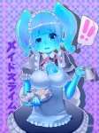 big_breasts breasts clothing container cup dessert exclamation_point female food maid_uniform monster_girl_(genre) not_furry platter shocked slime solo sugar sugar_cube syrup uniform waiter nijitama_shiyushiyu goo_creature goo_humanoid humanoid