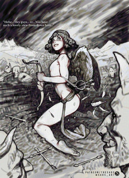 arrow_(weapon) back_wings barefoot biped bow_(weapon) broken_weapon butt curved_horn dialogue drill_curls feathered_wings feathers feet femboy hair holding_object holding_ranged_weapon holding_weapon horn imminent_rape imminent_sex kneeling looking_at_another male male_humanoid mostly_nude mostly_nude_humanoid mostly_nude_male nervous plantigrade quiver_(object) ranged_weapon short_hair side_view slim slim_humanoid slim_male smile smirk smug smug_face smug_grin soles solo_focus stubble text weapon white_text wide_eyed wings worried sabudenego angel angel_humanoid demon demon_humanoid horned_humanoid humanoid winged_humanoid english_text greyscale monochrome