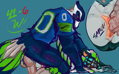 andromorph anthro balls blue_body blue_feathers blush bodily_fluids close-up clothing dreadlocks duo feathers from_behind_position genital_fluids genitals glistening glistening_body green_body green_feathers head_grab intersex intersex/male jersey jockey_position lying male mascot on_back on_front penetration penile penile_penetration penis precum prone_bone_position sex shirt simple_background sweat sweaty_balls sweaty_genitalia teal_body teal_feathers topwear vaginal vulva nightspades mythology nfl nike seattle_seahawks blitz_the_seahawk rye_(nightspades) accipitriform avian bird corvid gryphon magpie_(corvid) mythological_avian mythological_creature oscine osprey passerine seahawk 16:10 colored_sketch guide_lines hi_res sketch widescreen