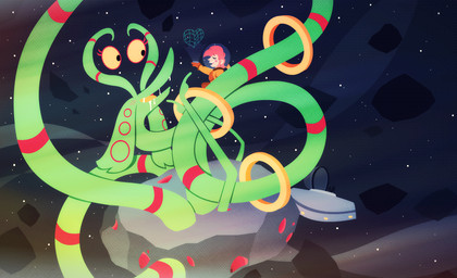 antennae_(anatomy) asteroid bodily_fluids drooling duo female feral floating_eyes green_body hair hologram larger_female long_body male male/female pink_hair saliva size_difference smaller_male space spacecraft spacesuit star vehicle yellow_sclera shane_frost alien human mammal worm hi_res