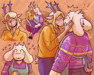 anthro antlers apron blonde_hair blue_antlers blue_apron blue_clothing blush bovid_horn caprine_horn clothing deer_antlers duo eyes_closed female female/female furniture goat_ears goat_horn hair hand_on_another's_head horn kissing on_sofa purple_clothing purple_sweater purple_topwear scut_tail shirt short_tail sitting sitting_on_another sofa surprised sweater tail topwear yellow_clothing yellow_shirt yellow_topwear pescaoendemoniao deltarune undertale undertale_(series) carol_holiday toriel bovid caprine deer goat mammal 5:4