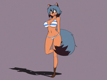 anthro bashful black_body black_fur black_hair blue_body blue_eyes blue_fur blue_hair bottomwear bra breasts brown_body brown_fur cleavage clothed clothing exposure_variation female fluffy fluffy_tail fur grey_background hair hands_behind_back leg_markings markings multicolored_body multicolored_fur multicolored_hair nipple_outline on_one_leg open_mouth panties pattern_bottomwear pattern_bra pattern_clothing pattern_panties pattern_topwear pattern_underwear simple_background socks_(marking) solo standing striped_bottomwear striped_bra striped_clothing striped_panties striped_topwear striped_underwear stripes tail topwear two_tone_hair under_boob underwear underwear_only dracojeff brand_new_animal studio_trigger michiru_kagemori canid canine mammal raccoon_dog tanuki 2022 4:3