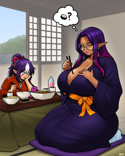 accessory asian_clothing bow_ribbon breasts chopsticks cleavage clothed clothing duo east_asian_clothing eyewear female food footwear furniture glasses hair hair_accessory hair_bow hair_ribbon humanoid_pointy_ears japanese_clothing kimono kneeling not_furry pointy_ears ponytail purple_hair ribbons round_glasses seiza sitting socks sushi table thick_thighs thought_bubble wide_hips yellow_eyes blazbaros elf humanoid 2026 4:5 hi_res