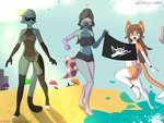 accident accidental_exposure anthro beach beach_umbrella bikini bikini_removed bikini_shorts black_body black_fur black_nose blue_eyes brown_hair clothing convenient_censorship countershading detailed_background embarrassed eyewear female female/female fur green_body green_eyes grey_hair group hair heterochromia jumping light long_hair long_tail looking_at_viewer looking_away markings parasol pink_body pink_fur pink_nose sand sea seaside smile spots spotted_markings spotted_tail standing sunglasses sunlight swimwear swimwear_removed tail tail_markings tattoo trio two-piece_swimsuit water white_body white_fur firenox1559 galia_(tleatlnox59) grey_(tleatlnox59) tiffany_(tleatlnox59) domestic_cat felid feline felis hybrid mammal absurd_res hi_res