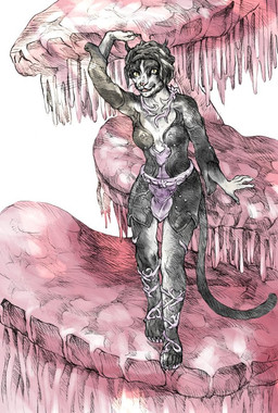 anthro bare_legs bare_shoulders claws clothed clothing dark_body dark_fur dark_tail female footwear fungus fur giant_mushroom mushroom pink_clothing sandals shoes skimpy smile solo tail toe_claws yellow_eyes tomato_(artist) bethesda_game_studios microsoft morrowind the_elder_scrolls the_elder_scrolls_online ember_(eso) felid feline khajiit mammal