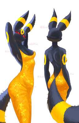 anthro anthrofied big_butt big_tail black_body black_fur breasts butt clothed clothing dress eyelashes female fingers fur hands_behind_back looking_at_viewer markings medium_breasts narrowed_eyes pokemorph raised_arm red_eyes ring_(marking) simple_background solo tail thick_thighs wide_hips yellow_clothing yellow_dress jimblym nintendo pokemon eeveelution generation_2_pokemon pokemon_(species) umbreon 2025 digital_media_(artwork) hi_res